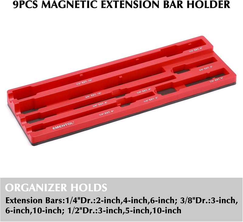 EMENTOL 9PCS Magnetic Extension Bar Holder, Red, 1/4", 3/8" and 1/2" Drive, Magnetic Ext. bars Organizer - Image 2